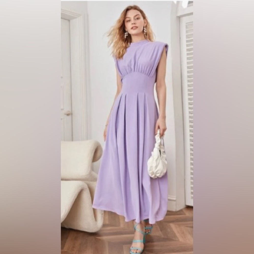 Shoulder Pads Mock Neck Fold Pleated Dress